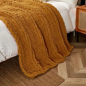 Longhui bedding Handmade Chunky Knit Blankets, Luxurious Chenille Cable Knit Throw Blanket Yarn for Couch Sofa and Bed, Ultra Soft Decorative Burnt Orange Christmas Blanket, Machine Washable 51 x 63