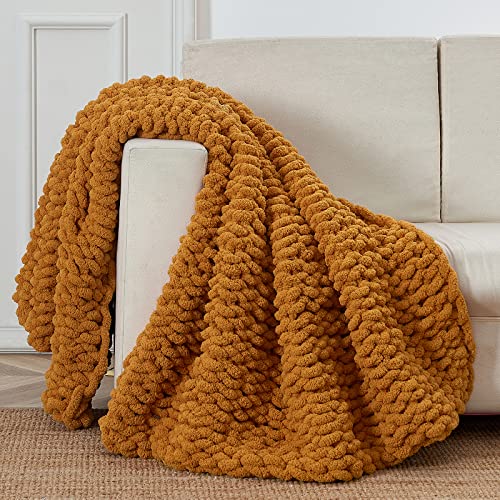 Longhui bedding Handmade Chunky Knit Blankets, Luxurious Chenille Cable Knit Throw Blanket Yarn for Couch Sofa and Bed, Ultra Soft Decorative Burnt Orange Christmas Blanket, Machine Washable 51 x 63