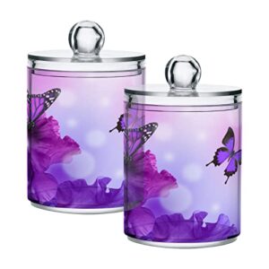 jumbear 2 pack purple butterfly qtip holder dispenser with lid, 14 oz clear plastic apothecary jar set for bathroom vanity organizers storage containers