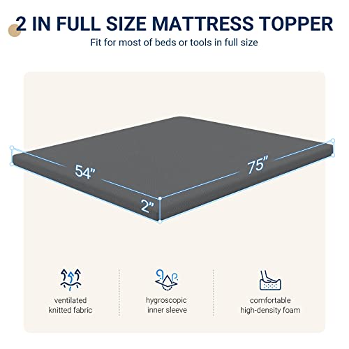 Avenco Gel Memory Foam Mattress Topper, Full Size Mattress Topper 2 Inch, Cooling Mattress Topper Full Size Bed with Breathable, Gel-Infused CertiPUR-US Foam for Pressure-Relief, Grey (AC-T5FM05)