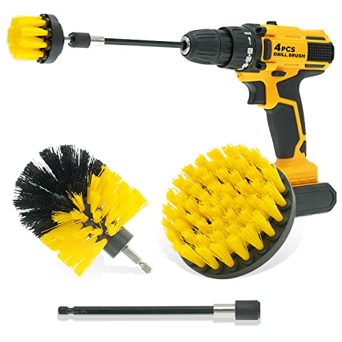 CLEAFOU 4 Pcs Drill Brush Attachment Set with Extend Attachment All Purpose Power Scrubber Brush Cleaning Kit for Bathroom Surfaces, Grout, Floor, Tub, Shower, Tile, Kitchen and Car, Yellow