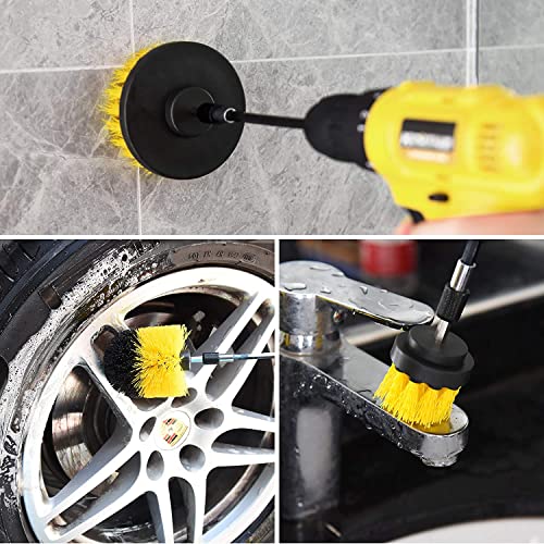 CLEAFOU 4 Pcs Drill Brush Attachment Set with Extend Attachment All Purpose Power Scrubber Brush Cleaning Kit for Bathroom Surfaces, Grout, Floor, Tub, Shower, Tile, Kitchen and Car, Yellow