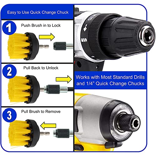 CLEAFOU 4 Pcs Drill Brush Attachment Set with Extend Attachment All Purpose Power Scrubber Brush Cleaning Kit for Bathroom Surfaces, Grout, Floor, Tub, Shower, Tile, Kitchen and Car, Yellow