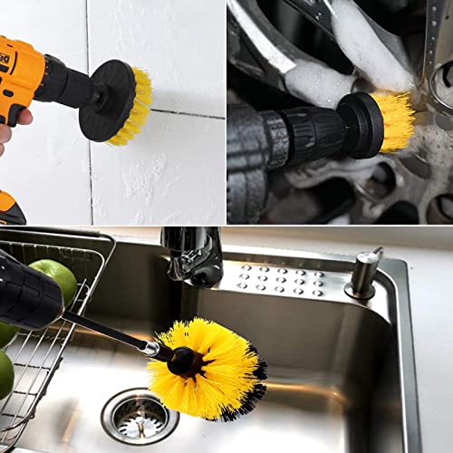 CLEAFOU 4 Pcs Drill Brush Attachment Set with Extend Attachment All Purpose Power Scrubber Brush Cleaning Kit for Bathroom Surfaces, Grout, Floor, Tub, Shower, Tile, Kitchen and Car, Yellow