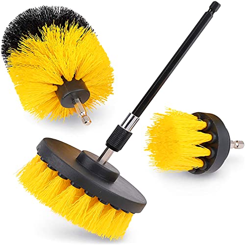 CLEAFOU 4 Pcs Drill Brush Attachment Set with Extend Attachment All Purpose Power Scrubber Brush Cleaning Kit for Bathroom Surfaces, Grout, Floor, Tub, Shower, Tile, Kitchen and Car, Yellow