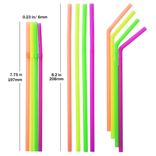 ALINK 500-PCS Neon Colored Flexible Drinking Straws, Plastic Disposable Bendy Straws - 7.75" x 0.23"