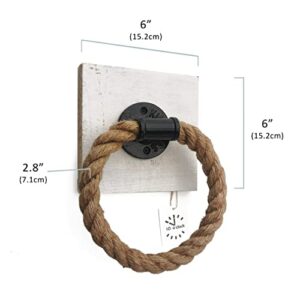 10 o'clock Rustic Rope Towel Ring - Wall Mounted Farmhouse Hand Towel Holder - for Bathroom with 6 x 6 Inch Rustic White Wood Backing and Industrial Pipe Accent