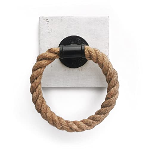 10 o'clock Rustic Rope Towel Ring - Wall Mounted Farmhouse Hand Towel Holder - for Bathroom with 6 x 6 Inch Rustic White Wood Backing and Industrial Pipe Accent