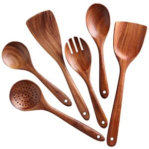 nayahose wooden spoons for cooking, 6 pcs wooden utensils for cooking, natural teak wood non-stick cooking spoons, comfort grip wood utensils set for kitchen