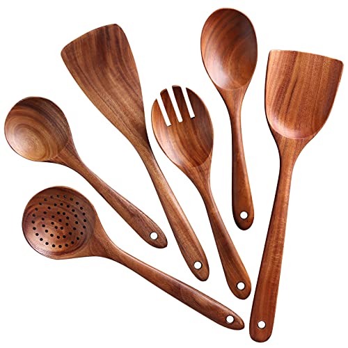 NAYAHOSE Wooden Spoons for Cooking, 6 Pcs Wooden Utensils for Cooking, Natural Teak Wood Non-Stick Cooking Spoons, Comfort Grip Wood Utensils Set for Kitchen