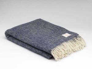 biddy murphy irish wool throw toss blanket, 79" x 57" inches, 3" fringe, traditional herringbone weave, heirloom quality, imported from ireland, darkened navy