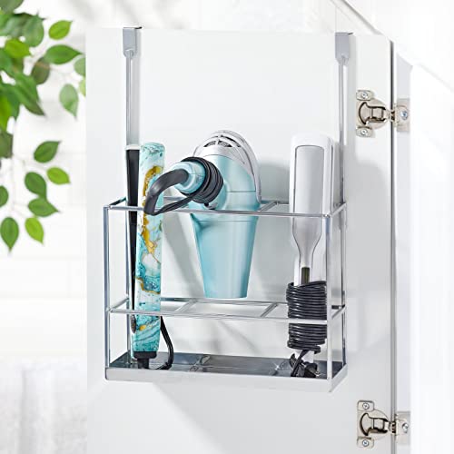 mDesign Steel Bathroom Over Cabinet Door Hair Tool Storage Organizer Accessory Basket Tray, Hang Holder for Hair Dryer, Straightener, Curling Iron, Styling Products, Citi Collection, Chrome