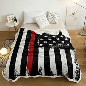 sherpa fleece throw blanket black white and red american flag home decor reversible fuzzy warm and cozy throws, honoring firefighters redline super soft plush bed tv blankets for couch/sofa/travel