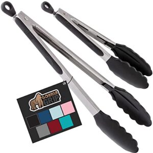 gorilla grip stainless steel silicone tongs for cooking, set of 2, includes 9 and 12 inch locking kitchen tong, heat resistant tip, strong grip for meat, perfect for nonstick pans, bbq, black