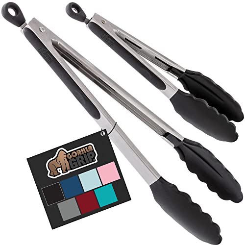 Gorilla Grip Stainless Steel Silicone Tongs for Cooking, Set of 2, Includes 9 and 12 Inch Locking Kitchen Tong, Heat Resistant Tip, Strong Grip for Meat, Perfect for Nonstick Pans, BBQ, Black