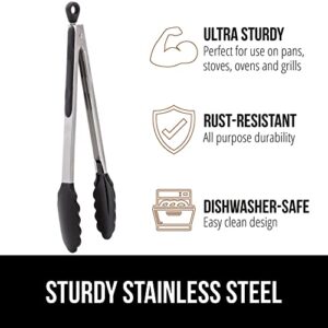 Gorilla Grip Stainless Steel Silicone Tongs for Cooking, Set of 2, Includes 9 and 12 Inch Locking Kitchen Tong, Heat Resistant Tip, Strong Grip for Meat, Perfect for Nonstick Pans, BBQ, Black