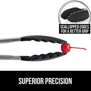 Gorilla Grip Stainless Steel Silicone Tongs for Cooking, Set of 2, Includes 9 and 12 Inch Locking Kitchen Tong, Heat Resistant Tip, Strong Grip for Meat, Perfect for Nonstick Pans, BBQ, Black