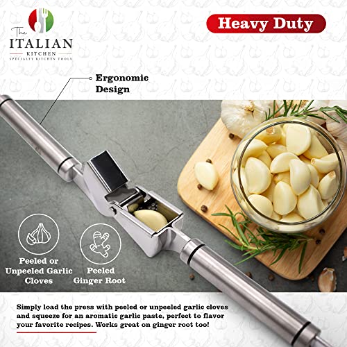 The Italian Kitchen Stainless Steel Garlic Press - Heavy Duty Garlic Extruder