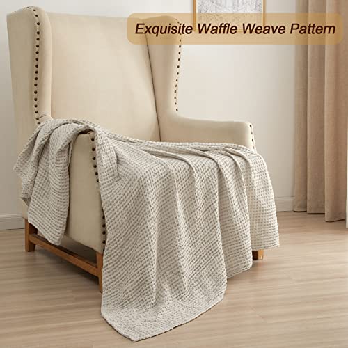 PHF Ultra Soft Waffle Weave Throw Blanket 50"x 60"- Washed Lightweight Breathable Cozy Woven Blanket for All Season - Great for Couch Bed Sofa Home Car - Light Khaki/Linen