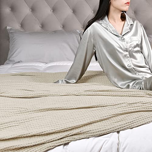 PHF Ultra Soft Waffle Weave Throw Blanket 50"x 60"- Washed Lightweight Breathable Cozy Woven Blanket for All Season - Great for Couch Bed Sofa Home Car - Light Khaki/Linen