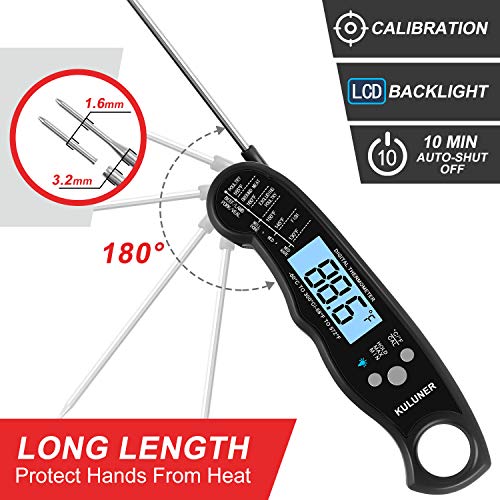 KULUNER TP-01 Waterproof Digital Instant Read Meat Thermometer with 4.6” Folding Probe Backlight & Calibration Function for Cooking Food Candy, BBQ Grill, Liquids,Beef(Black)