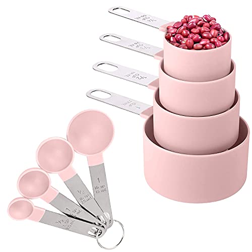 8 Pieces Measuring Cups and Spoons Set / Nesting Measuring Cups with Stainless Steel Handle / for Dry and Liquid Ingredient (Light pink)