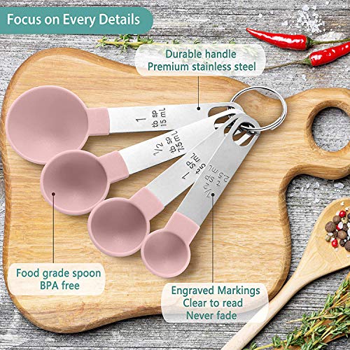 8 Pieces Measuring Cups and Spoons Set / Nesting Measuring Cups with Stainless Steel Handle / for Dry and Liquid Ingredient (Light pink)