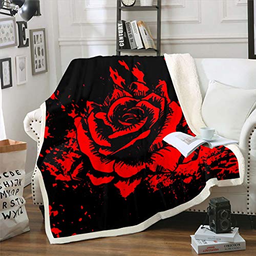 Girls Rose Fleece Throw Blanket Rose Blooming Floral Print Sherpa Blanket Women Romantic Flowers Pattern Plush Blanket Luxury Red Black Decor Fuzzy Blanket for Sofa Bed Couch,Twin 60x80 Inch