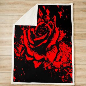 Girls Rose Fleece Throw Blanket Rose Blooming Floral Print Sherpa Blanket Women Romantic Flowers Pattern Plush Blanket Luxury Red Black Decor Fuzzy Blanket for Sofa Bed Couch,Twin 60x80 Inch