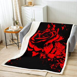 Girls Rose Fleece Throw Blanket Rose Blooming Floral Print Sherpa Blanket Women Romantic Flowers Pattern Plush Blanket Luxury Red Black Decor Fuzzy Blanket for Sofa Bed Couch,Twin 60x80 Inch