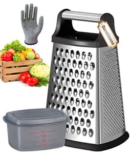 ourokhome professional box graters with container, stainless steel 4 sides, kitchen slicer shredder zester grater for parmesan cheese, vegetables, ginger, 10 inch, a resistant glove for gift (black)