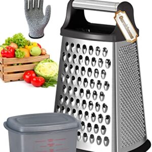 Ourokhome Professional Box Graters with Container, Stainless Steel 4 Sides, Kitchen Slicer Shredder Zester Grater for Parmesan Cheese, Vegetables, Ginger, 10 Inch, a Resistant Glove for Gift (Black)