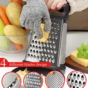 Ourokhome Professional Box Graters with Container, Stainless Steel 4 Sides, Kitchen Slicer Shredder Zester Grater for Parmesan Cheese, Vegetables, Ginger, 10 Inch, a Resistant Glove for Gift (Black)