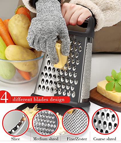 Ourokhome Professional Box Graters with Container, Stainless Steel 4 Sides, Kitchen Slicer Shredder Zester Grater for Parmesan Cheese, Vegetables, Ginger, 10 Inch, a Resistant Glove for Gift (Black)