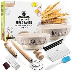 sourdough start kit - sourdough bread baking supplies 2 banneton bread proofing basket bowls, 2 cloths, whisk, bread lame, dough scraper, 2 brushes - sourdough starter kit bread making & baking tools