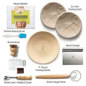 Sourdough Start Kit - Sourdough Bread Baking Supplies 2 Banneton Bread Proofing Basket Bowls, 2 Cloths, Whisk, Bread Lame, Dough Scraper, 2 Brushes - Sourdough Starter Kit Bread Making & Baking Tools