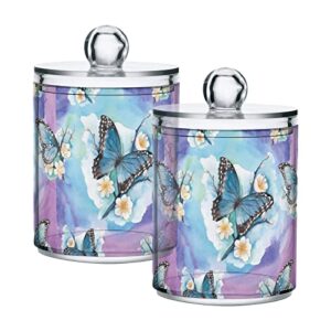 coikll butterfly flower watercolor qtip holder with lid 2pcs apothecary jars storage containers, clear plastic canister for cotton swab,floss picks, cosmetics