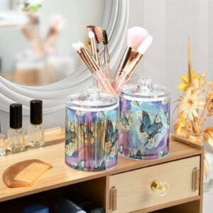 Coikll Butterfly Flower Watercolor Qtip Holder with Lid 2PCS Apothecary Jars Storage Containers, Clear Plastic Canister for Cotton Swab,Floss Picks, Cosmetics