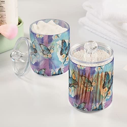 Coikll Butterfly Flower Watercolor Qtip Holder with Lid 2PCS Apothecary Jars Storage Containers, Clear Plastic Canister for Cotton Swab,Floss Picks, Cosmetics