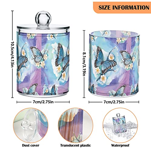 Coikll Butterfly Flower Watercolor Qtip Holder with Lid 2PCS Apothecary Jars Storage Containers, Clear Plastic Canister for Cotton Swab,Floss Picks, Cosmetics