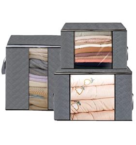 large clothes storage bag foldable with bed bottom storage box,260l 3-pack clothes storage bag,3 different large sizes for toys, blankets, quilts, clothes and other supplies, gray