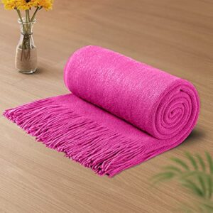 vonty hot pink knitted blanket with tassels fringe 50" x 60", super soft knit throw blanket, farmhouse decorative lightweight blanket for couch, sofa, bed