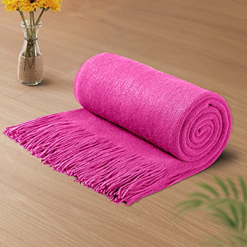 Vonty Hot Pink Knitted Blanket with Tassels Fringe 50" x 60", Super Soft Knit Throw Blanket, Farmhouse Decorative Lightweight Blanket for Couch, Sofa, Bed