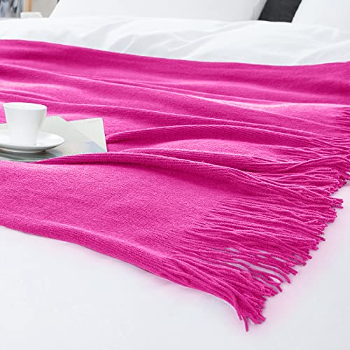 Vonty Hot Pink Knitted Blanket with Tassels Fringe 50" x 60", Super Soft Knit Throw Blanket, Farmhouse Decorative Lightweight Blanket for Couch, Sofa, Bed