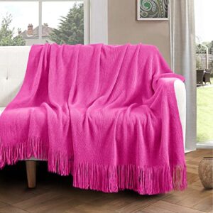 Vonty Hot Pink Knitted Blanket with Tassels Fringe 50" x 60", Super Soft Knit Throw Blanket, Farmhouse Decorative Lightweight Blanket for Couch, Sofa, Bed