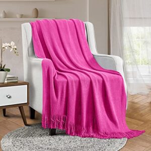 Vonty Hot Pink Knitted Blanket with Tassels Fringe 50" x 60", Super Soft Knit Throw Blanket, Farmhouse Decorative Lightweight Blanket for Couch, Sofa, Bed