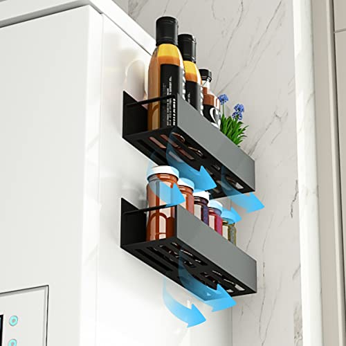 REALINN Magnetic Spice Rack Organizer, [4 Pack] Moveable Fridge Spice Shelves, Space Saver for Refrigerator and Microwave Oven, Metal Refrigerator Shelf, Black