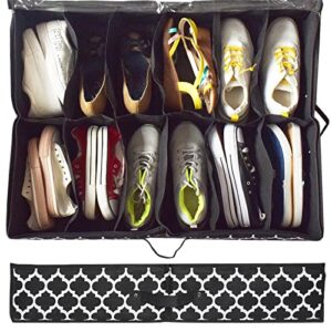 Under Bed Shoe Storage Organizer -Set of 2 ¨C Shoe Organizer Under Bed - Fits Men's and Women's Shoes, High Heels, and Sneakers - Up to 24 Pairs - Extra-Strong Zipper - Black - Perfect for College Dorms