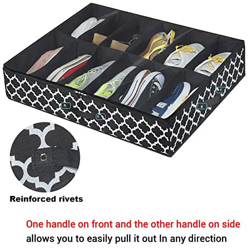 Under Bed Shoe Storage Organizer -Set of 2 ¨C Shoe Organizer Under Bed - Fits Men's and Women's Shoes, High Heels, and Sneakers - Up to 24 Pairs - Extra-Strong Zipper - Black - Perfect for College Dorms