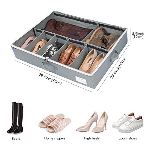 Surblue Shoe Storage Organizer Under Bed Adjustable Dividers Oxford Container Closet Storage Solution with Clear Cover and Handle for Clothing Boots Blankets Sweaters Toys,10 Pairs